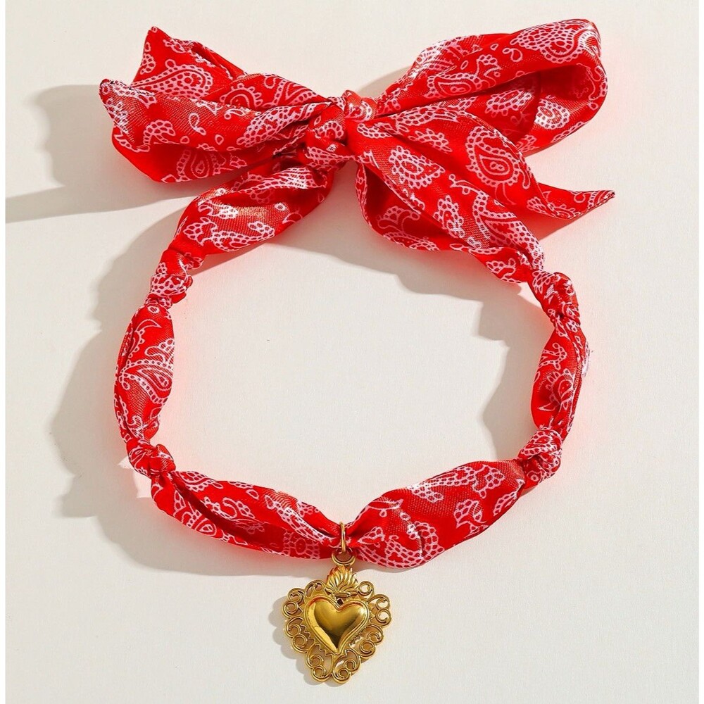 Red Bandana Scarf Necklace 18K Gold Plated Sacred Heart Pendant Adjustable